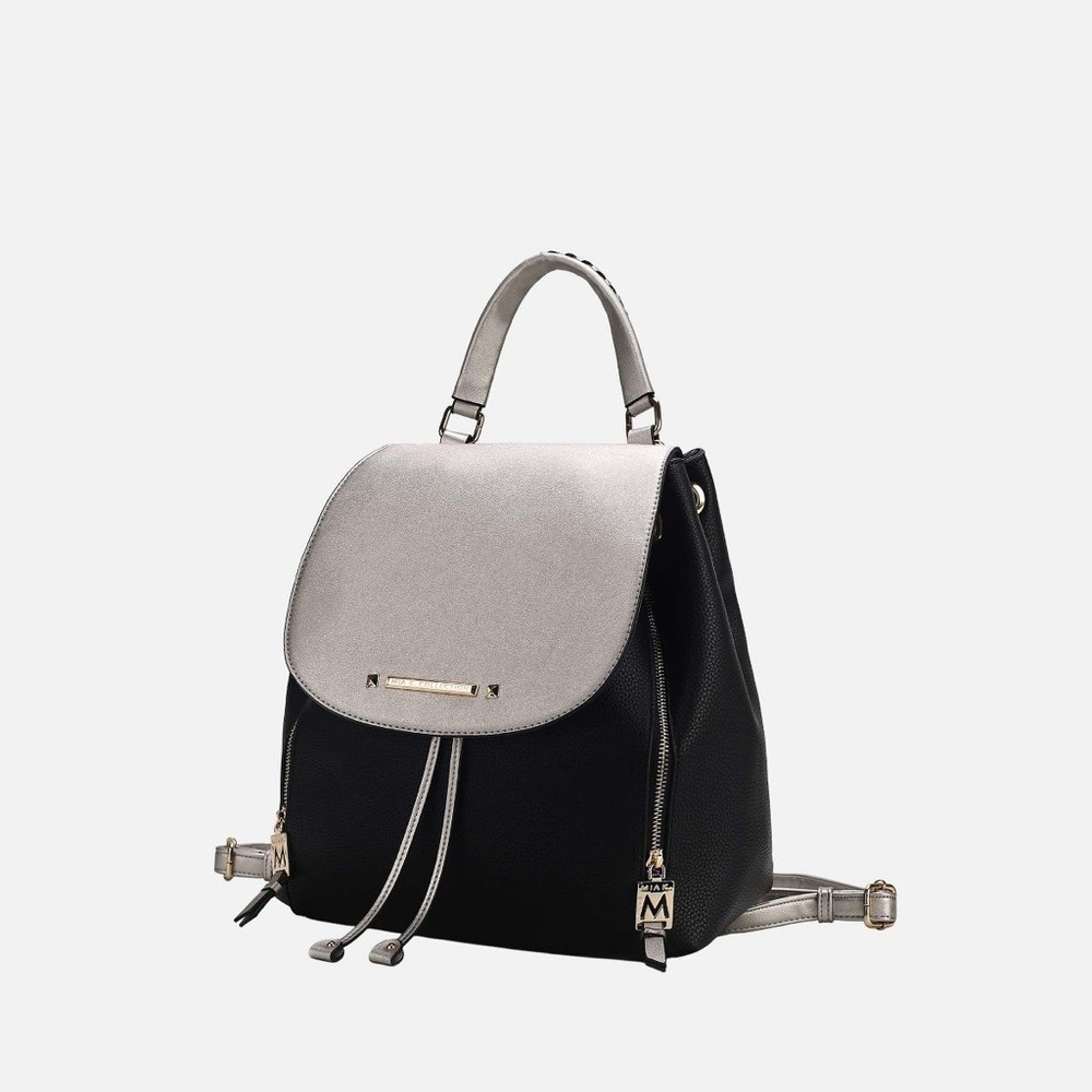 Metallic Silver & Black Top-Handle Backpack Purse